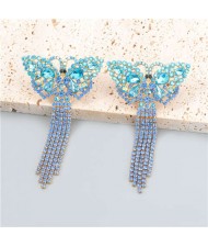 Gorgeous Colorful Rhinestone Butterfly Tassel Design Animal Jewelry Wholesale Dangle Earrings - Blue