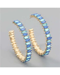 French Fashion Colorful Rhinestone Inlaid Open Design Wholesale Jewelry Hoop Earrings - Blue