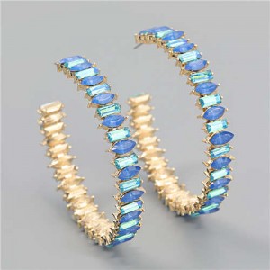 French Fashion Colorful Rhinestone Inlaid Open Design Wholesale Jewelry Hoop Earrings - Blue