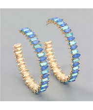 French Fashion Colorful Rhinestone Inlaid Open Design Wholesale Jewelry Hoop Earrings - Blue