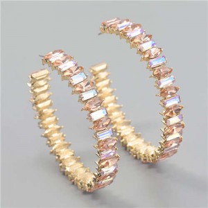 French Fashion Colorful Rhinestone Inlaid Open Design Wholesale Jewelry Hoop Earrings - Pink