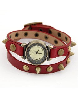 Punk Rivets Style Red Leather Wrist Fashion Watch