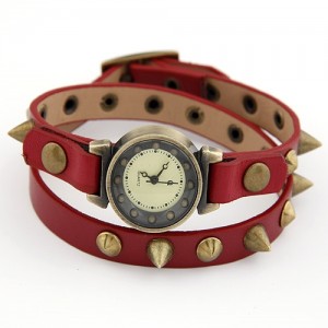 Punk Rivets Style Red Leather Wrist Fashion Watch