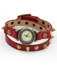 Punk Rivets Style Red Leather Wrist Fashion Watch