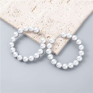 Glistening Round Shape Artificial Pearl Minimalist Wholesale Jewelry Huggie Earrings - Silver