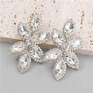 Leaf Shape Shining Glass Inlaid American Bold Style Party Luxurious Women Wholesale Ear Studs - Golden