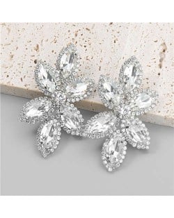Leaf Shape Shining Glass Inlaid American Bold Style Party Luxurious Women Wholesale Ear Studs - Silver