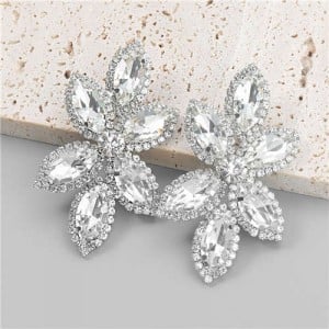 Leaf Shape Shining Glass Inlaid American Bold Style Party Luxurious Women Wholesale Ear Studs - Silver