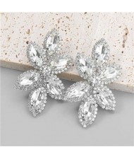 Leaf Shape Shining Glass Inlaid American Bold Style Party Luxurious Women Wholesale Ear Studs - Silver