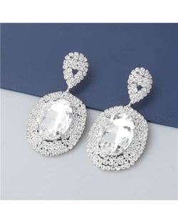 Baroque Style Wholesale Minimalist Jewelry Oval Shape Super Shining Glass Embellished Statement Earrings - Silver