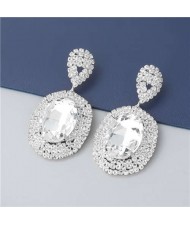 Baroque Style Wholesale Minimalist Jewelry Oval Shape Super Shining Glass Embellished Statement Earrings - Silver