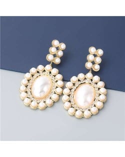 Rhinestone Embellished Artificial Pearl Design Round Shape Korean Fashion Wholesale Women Earrings - Golden