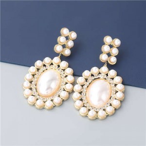 Rhinestone Embellished Artificial Pearl Design Round Shape Korean Fashion Wholesale Women Earrings - Golden
