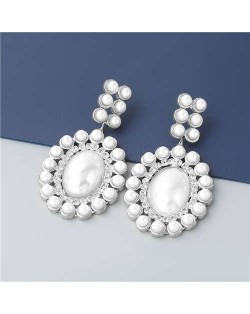 Rhinestone Embellished Artificial Pearl Design Round Shape Korean Fashion Wholesale Women Earrings - Silver