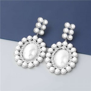 Rhinestone Embellished Artificial Pearl Design Round Shape Korean Fashion Wholesale Women Earrings - Silver