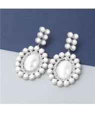 Rhinestone Embellished Artificial Pearl Design Round Shape Korean Fashion Wholesale Women Earrings - Silver