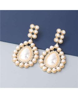 Rhinestone Embellished Artificial Pearl Design Round Shape Korean Fashion Wholesale Women Earrings - Golden