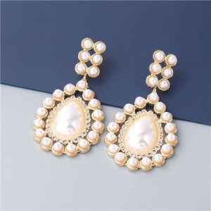 Rhinestone Embellished Artificial Pearl Design Round Shape Korean Fashion Wholesale Women Earrings - Golden