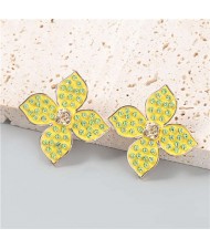 U.S Vintage Wholesale Jewelry Oil-spot Glazed Flower Design Rhinestone Minimalist Ear Studs - Yellow