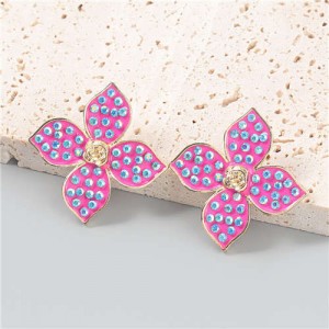 U.S Vintage Wholesale Jewelry Oil-spot Glazed Flower Design Rhinestone Minimalist Ear Studs - Rose
