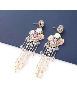 Korean Jewelry Wholesale Acrylic Pearl Tassel Flower Design Bohemian Women Dangle Earrings - Purple