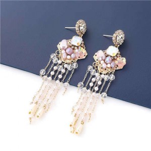 Korean Jewelry Wholesale Acrylic Pearl Tassel Flower Design Bohemian Women Dangle Earrings - Purple