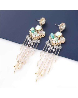 Korean Jewelry Wholesale Acrylic Pearl Tassel Flower Design Bohemian Women Dangle Earrings - Green