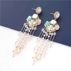 Korean Jewelry Wholesale Acrylic Pearl Tassel Flower Design Bohemian Women Dangle Earrings - Green