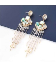 Korean Jewelry Wholesale Acrylic Pearl Tassel Flower Design Bohemian Women Dangle Earrings - Green