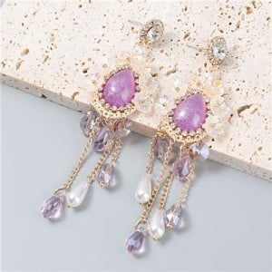 Vintage Jewelry Wholesale Flowers Artificial Pearl Tassel Design Opal Women Earrings - Purple