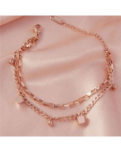 Korean Minimalist Design Wholesale Stainless Steel Jewelry Dual Layers Square Pendants Bracelet - Rose Gold