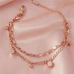 Korean Minimalist Design Wholesale Stainless Steel Jewelry Dual Layers Square Pendants Bracelet - Rose Gold
