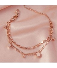 Korean Minimalist Design Wholesale Stainless Steel Jewelry Dual Layers Square Pendants Bracelet - Rose Gold