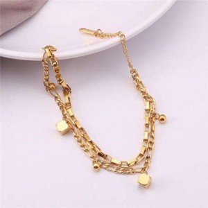 Korean Minimalist Design Wholesale Stainless Steel Jewelry Dual Layers Square Pendants Bracelet - Golden