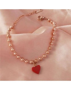 Red Heart Pendant Beads Chain Wholesale Stainless Steel Jewelry Women Bracelet