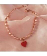 Red Heart Pendant Beads Chain Wholesale Stainless Steel Jewelry Women Bracelet