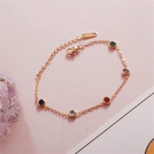 Dual Layers Chain Red Gems Embellished Minimalist Design Wholesale Stainless Steel Bracelet