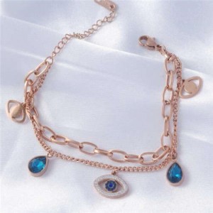 Dual Layers Charming Eye and Teardrop Pendants Korean High Fashion Wholesale Stainless Steel Bracelet