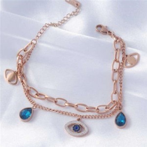 Dual Layers Charming Eye and Teardrop Pendants Korean High Fashion Wholesale Stainless Steel Bracelet