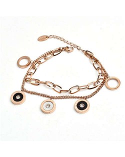 Hip-hop Style Round Pendants Dual Layers Chain Wholesale Stainless Steel Jewelry Women Statement Bracelet - Golden