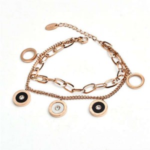 Hip-hop Style Round Pendants Dual Layers Chain Wholesale Stainless Steel Jewelry Women Statement Bracelet - Rose Gold