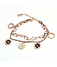 Hip-hop Style Round Pendants Dual Layers Chain Wholesale Stainless Steel Jewelry Women Statement Bracelet - Rose Gold