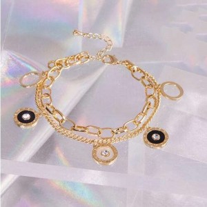 Hip-hop Style Round Pendants Dual Layers Chain Wholesale Stainless Steel Jewelry Women Statement Bracelet - Golden