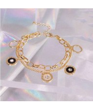 Hip-hop Style Round Pendants Dual Layers Chain Wholesale Stainless Steel Jewelry Women Statement Bracelet - Golden