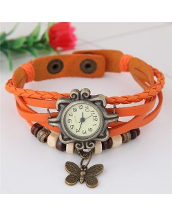 Vintage Court Multiple Layer Style Butterfly Pendant Orange Leather Bracelet Wrist Watch