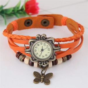 Vintage Court Multiple Layer Style Butterfly Pendant Orange Leather Bracelet Wrist Watch