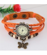 Vintage Court Multiple Layer Style Butterfly Pendant Orange Leather Bracelet Wrist Watch