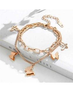 Punk Style Sweet Butterfly Pendant Dual Layers Chain Wholesale Stainless Steel Bracelet - Rose Gold