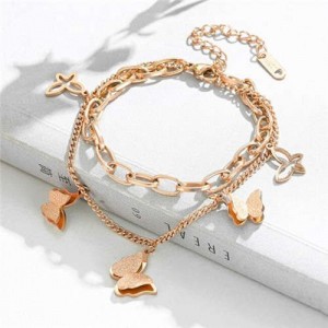 Punk Style Sweet Butterfly Pendant Dual Layers Chain Wholesale Stainless Steel Bracelet - Rose Gold