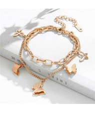 Punk Style Sweet Butterfly Pendant Dual Layers Chain Wholesale Stainless Steel Bracelet - Rose Gold